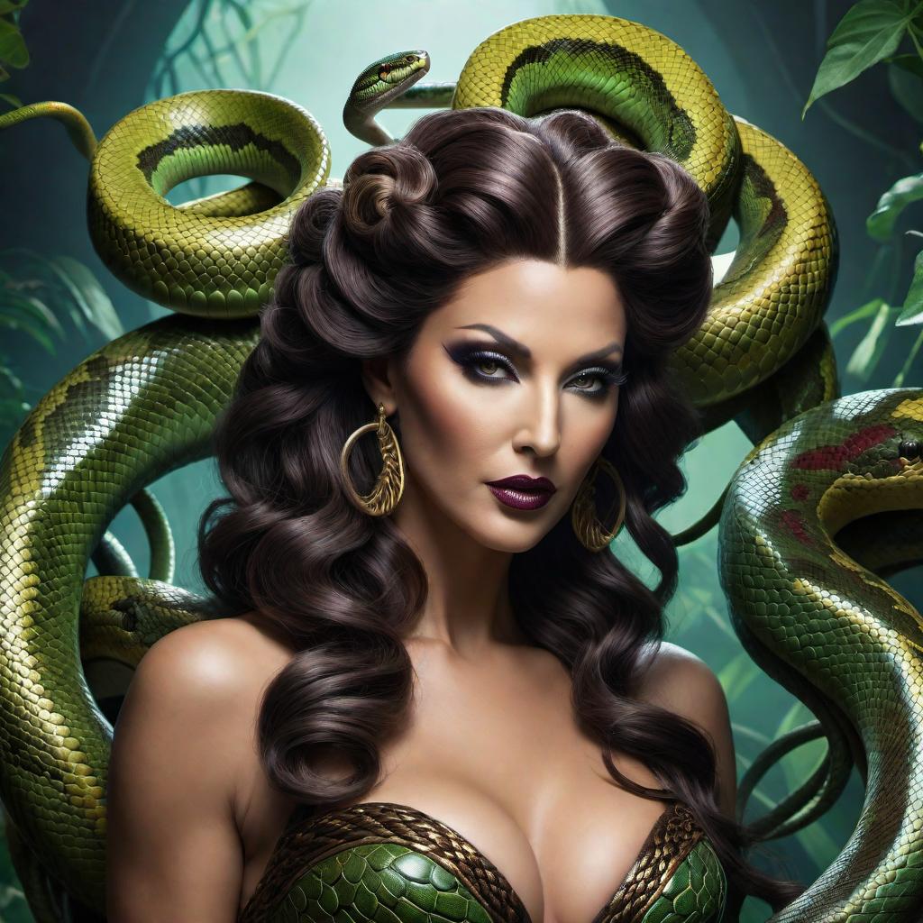  A full-body pinup style pose of Medusa, the snake-woman, with dark-colored snakes in her hair. The scene should be infused with a rainbow theme, incorporating vibrant and colorful elements into the background and overall composition. hyperrealistic, full body, detailed clothing, highly detailed, cinematic lighting, stunningly beautiful, intricate, sharp focus, f/1. 8, 85mm, (centered image composition), (professionally color graded), ((bright soft diffused light)), volumetric fog, trending on instagram, trending on tumblr, HDR 4K, 8K