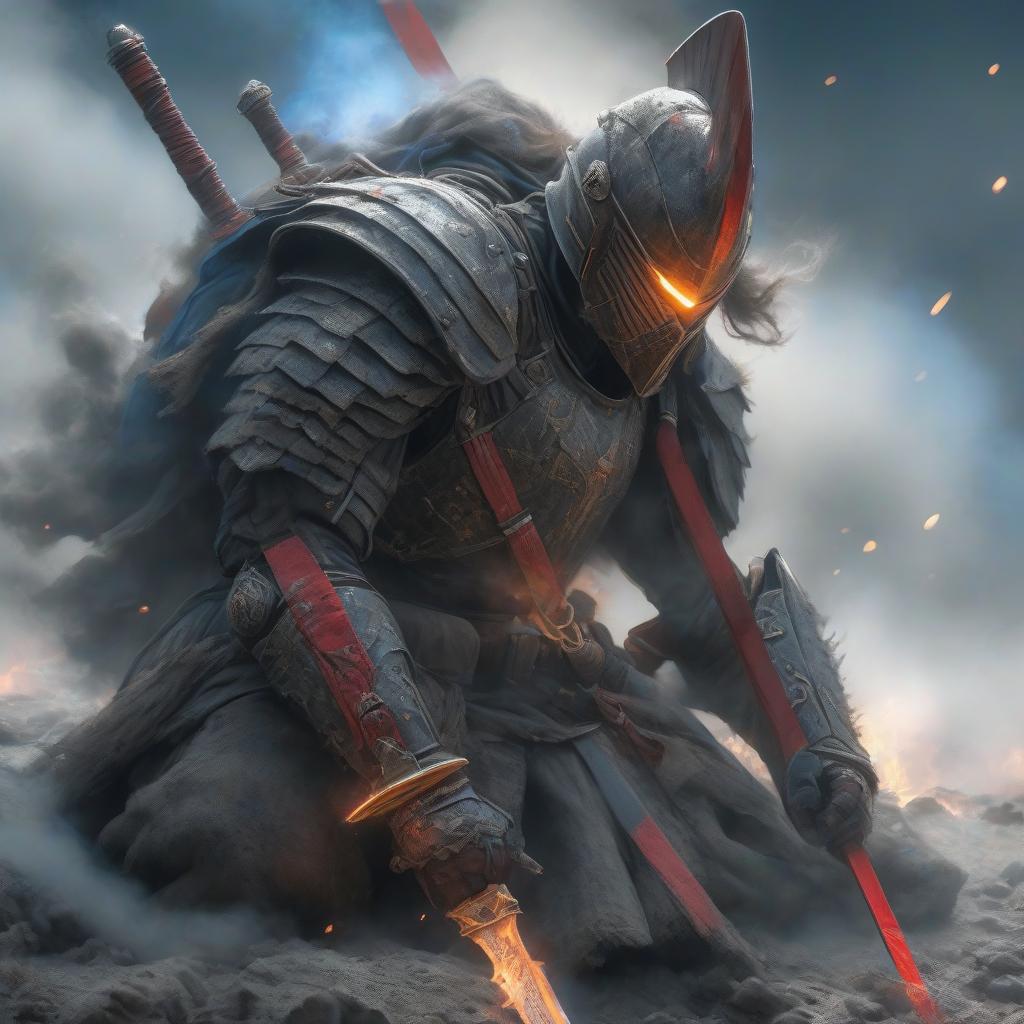  Dark gray palette, a soldier on fire with modern tactical armor, on his shoulder are depicted a red horizontal stripe, above the red a blue horizontal stripe, and above the blue a white horizontal stripe, holding one hand a sword stuck in the ground, standing on one bent knee, view from the side, realism, on the background dark fantasy. hyperrealistic, full body, detailed clothing, highly detailed, cinematic lighting, stunningly beautiful, intricate, sharp focus, f/1. 8, 85mm, (centered image composition), (professionally color graded), ((bright soft diffused light)), volumetric fog, trending on instagram, trending on tumblr, HDR 4K, 8K