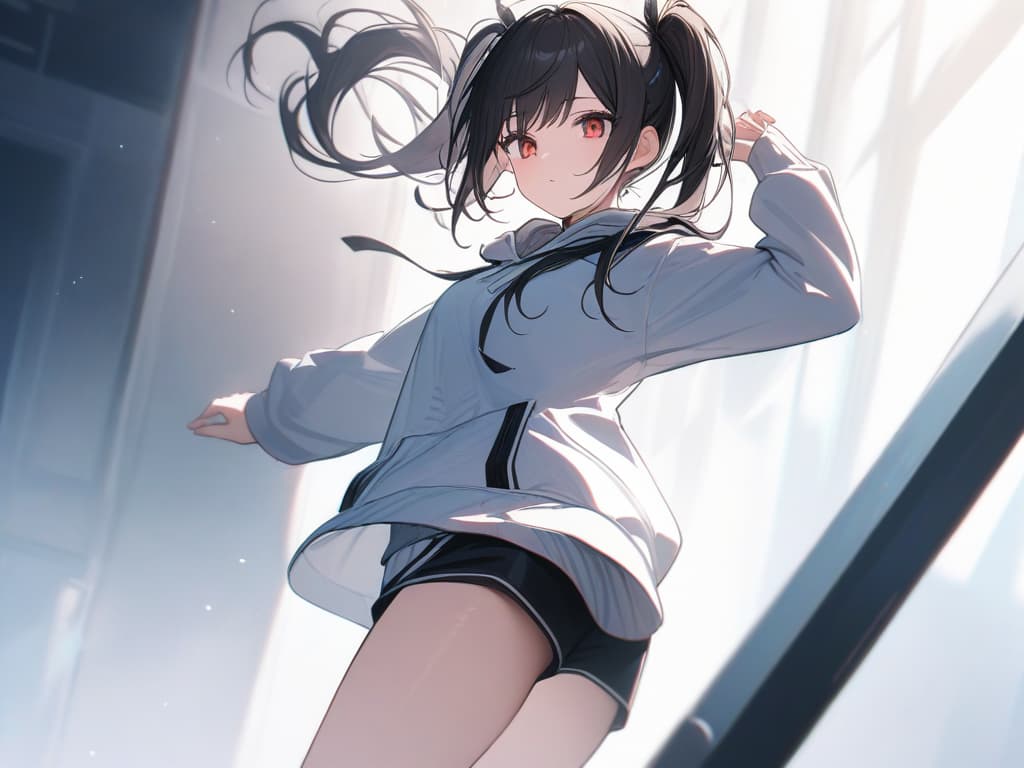  Red eyes, beige, twin tails, black ribbons on hair, dress sporty large hoodies, half pants, background white, light, fleeting, masterpiece, best quality,8k,ultra detailed,high resolution,an extremely delicate and beautiful,hyper detail