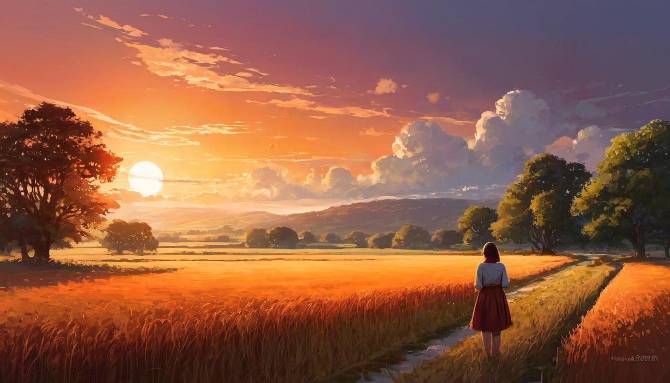  digital illustration, 1woman, contemplative expression, standing at a crossroads in a picturesque field, sunset casting warm hues across the scene, sense of decision and self awareness, looking at viewer, dynamic pose, (intricate details, masterpiece, best quality)