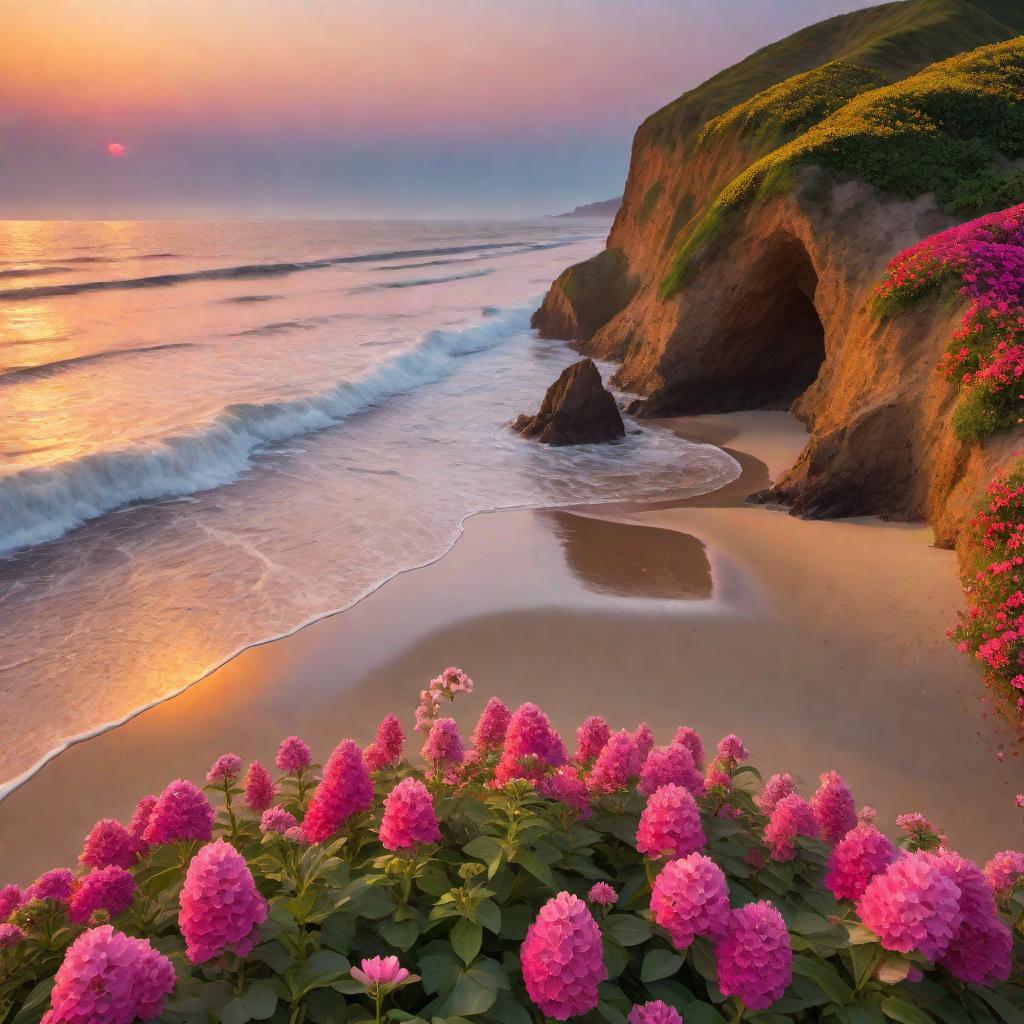  A beautiful sunset scene with a sea of colorful flowers in the foreground, gentle waves of water reflecting the sunset, and the name 'Amy' written artistically in the sand on the beach. hyperrealistic, full body, detailed clothing, highly detailed, cinematic lighting, stunningly beautiful, intricate, sharp focus, f/1. 8, 85mm, (centered image composition), (professionally color graded), ((bright soft diffused light)), volumetric fog, trending on instagram, trending on tumblr, HDR 4K, 8K