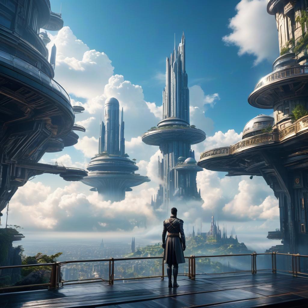  (character focus:1.1), Dilapidated fortress, detailed background, (<lora:PunkBundleAI:0.4>, valvepunkai, retro futuristic theme:1.1), (cloud city:1.1), utopian cloudtop sky city, floating platforms, floating buildings, tower, railing, clouds in background, sky waterfall in background, wind blowing, cinematic atmosphere, sunny, it is rainy hyperrealistic, full body, detailed clothing, highly detailed, cinematic lighting, stunningly beautiful, intricate, sharp focus, f/1. 8, 85mm, (centered image composition), (professionally color graded), ((bright soft diffused light)), volumetric fog, trending on instagram, trending on tumblr, HDR 4K, 8K