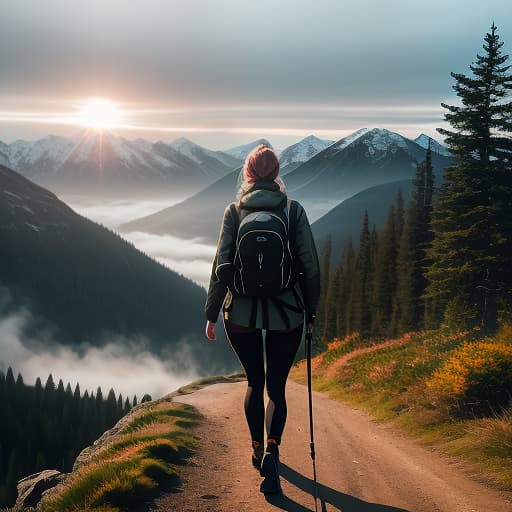  A photograph of a Scandinavian woman (young woman:1.4) walking with ((large hiking backpack)) on a road in the mountains. She is looking at the camera over her shoulder, she has medium length brown hair, she is wearing summer sports clothes, light hiking boots, beautiful nature around, sun rising from the mountains, dawn, atmospheric, mesmerising view, 8k, ultra detail, maximum realism, full frame, colour correction, professional photographer quality hyperrealistic, full body, detailed clothing, highly detailed, cinematic lighting, stunningly beautiful, intricate, sharp focus, f/1. 8, 85mm, (centered image composition), (professionally color graded), ((bright soft diffused light)), volumetric fog, trending on instagram, trending on tumblr, HDR 4K, 8K