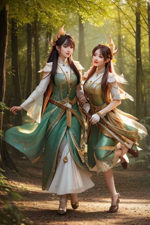  Woodland elves dancing in afternoon light, forest, masterpiece, ultra realistic, best quality image, 8k wallpaper hyperrealistic, full body, detailed clothing, highly detailed, cinematic lighting, stunningly beautiful, intricate, sharp focus, f/1. 8, 85mm, (centered image composition), (professionally color graded), ((bright soft diffused light)), volumetric fog, trending on instagram, trending on tumblr, HDR 4K, 8K