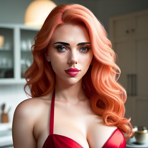  4k photo of Scarlett Johansson dressed in playful maid, beautiful face, soft pale skin, bright red lipstick, very long wavy hair, naked under apron, amazing body, pronounced feminine feature, huge boobs, kitchen, [ash blonde | ginger | pink hair], freckles, flirting with camera hyperrealistic, full body, detailed clothing, highly detailed, cinematic lighting, stunningly beautiful, intricate, sharp focus, f/1. 8, 85mm, (centered image composition), (professionally color graded), ((bright soft diffused light)), volumetric fog, trending on instagram, trending on tumblr, HDR 4K, 8K