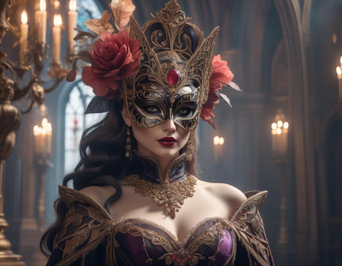  gothic style "Whimsical masquerade ball, with intricate, alluring, unique, creative masks and costumes" "head and shoulders portrait, 8k resolution concept art portrait by Greg Rutkowski, Artgerm, WLOP, Alphonse Mucha dynamic lighting hyperdetailed intricately detailed Splash art trending on Artstation triadic colors Unreal Engine 5 volumetric lighting" . dark, mysterious, haunting, dramatic, ornate, detailed hyperrealistic, full body, detailed clothing, highly detailed, cinematic lighting, stunningly beautiful, intricate, sharp focus, f/1. 8, 85mm, (centered image composition), (professionally color graded), ((bright soft diffused light)), volumetric fog, trending on instagram, trending on tumblr, HDR 4K, 8K