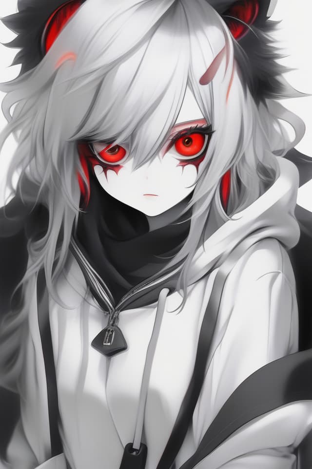  Fashionable, black and white gray background, red eyes with red eyes