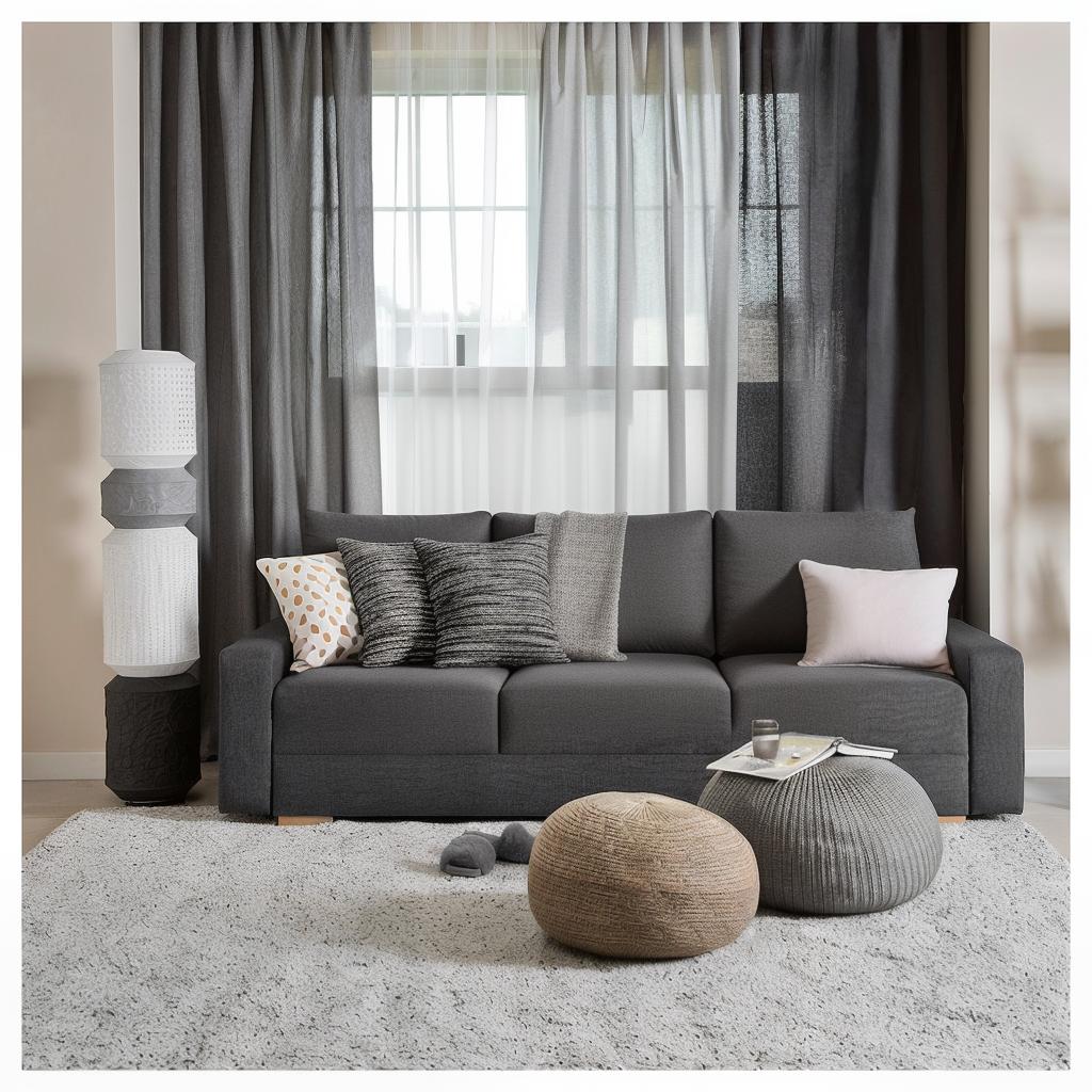  realistic image, tv, modern, modernity, a living room with a gray couch and pillows, main colour black, tilt shift mirror background, fine image on the store website, grey and dark theme, ikea catalogue, tapestry, rounded lines, sand 8k, colored walls, sliding glass windows, unique design,full HD, fabrics textiles hyperrealistic, full body, detailed clothing, highly detailed, cinematic lighting, stunningly beautiful, intricate, sharp focus, f/1. 8, 85mm, (centered image composition), (professionally color graded), ((bright soft diffused light)), volumetric fog, trending on instagram, trending on tumblr, HDR 4K, 8K