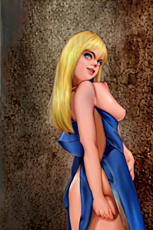  Blonde woman, opening dress, showing bare breasts