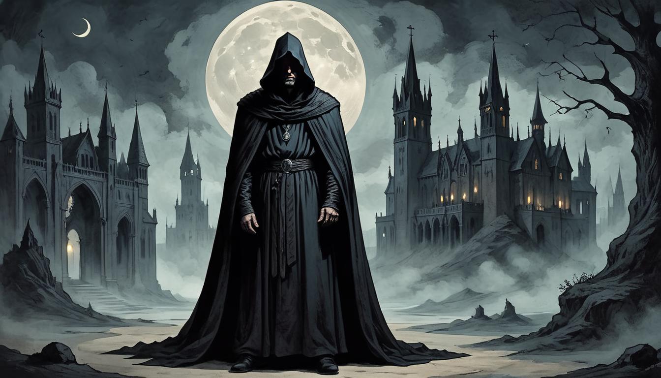  on parchment, surrealism+++, A somber figure cloaked in dark robes, standing in shadows, moonlit backdrop, stoic, resilient, unwavering presence, gothic architecture in the background(mysterious, provocative, symbolic,muted color)+++