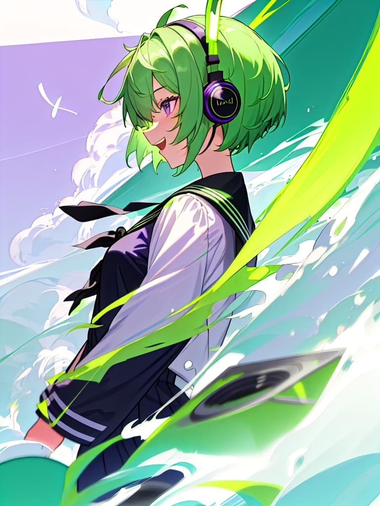  1girl,18yo,green hair,short hair,purple eyes,headphone,summer black sailor suit,very loud laugh,music note effect,back big speaker, masterpiece, best quality,8k,ultra detailed,high resolution,an extremely delicate and beautiful,hyper detail