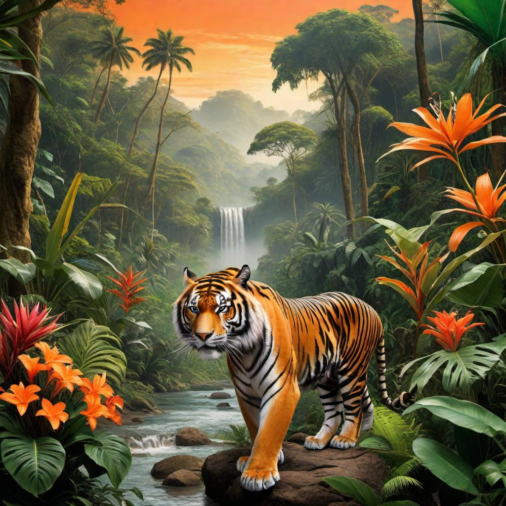  A vibrant and lush tropical jungle scene, teeming with dense greenery, towering trees, and colorful flora. In the foreground, a majestic tiger is stalking through the underbrush, its striking orange and black stripes vividly contrasting with the foliage. Nearby, an imposing elephant stands beside a river, surrounded by exotic plants and creatures. The scene should capture the wild and untamed beauty of the jungle, with the tiger and elephant both highlighting the diversity of wildlife in this rich ecosystem. hyperrealistic, full body, detailed clothing, highly detailed, cinematic lighting, stunningly beautiful, intricate, sharp focus, f/1. 8, 85mm, (centered image composition), (professionally color graded), ((bright soft diffused light)), volumetric fog, trending on instagram, trending on tumblr, HDR 4K, 8K