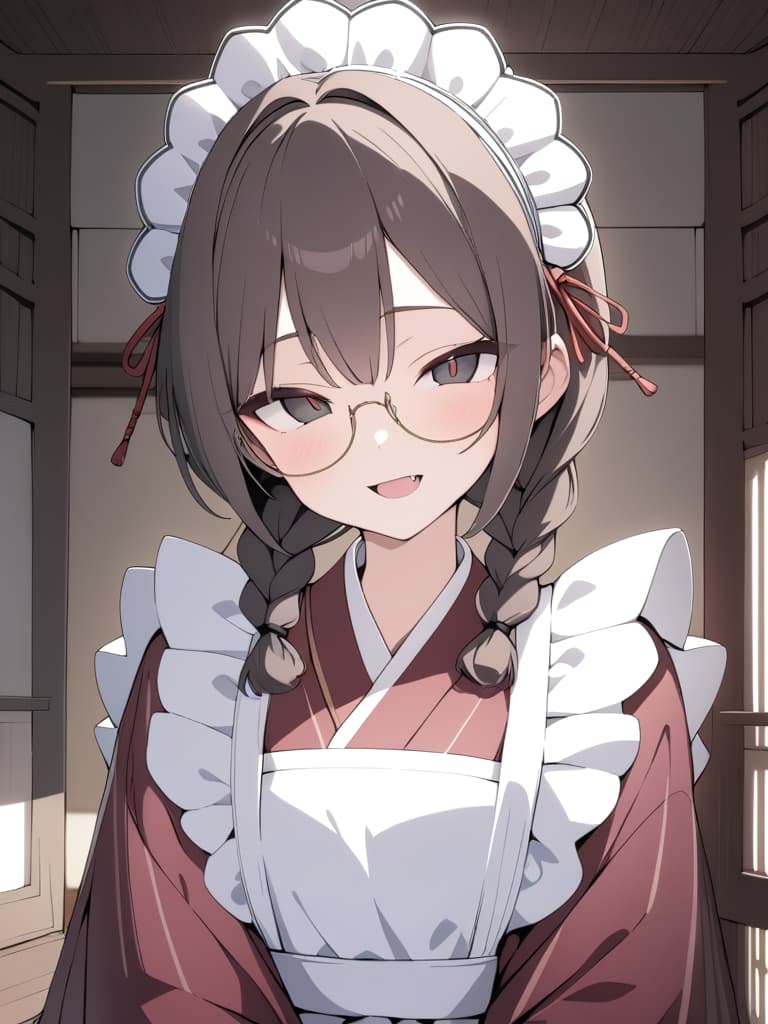  ultra detailed:1.2,masterpiece:1.2,best quality,masterpiece,bestquality,hdr:1.1,8k:1.1,very cute girl:1.3,(wine red color kimono,vertical striped kimono:1.3),(minimum very smallround eyewear:1.7),(dark brown hair:1.3),(black eye:1.2),(maid headdress:1.5),(white apron:1.4),upper body:1.3,face focus:1.4,old Japanese room:1.5,(open mouth,fang:1.4),(light smile:1.3),(twin braids:1.4),(forehead:1.1),hair pin:1.3,(highlights eyes:1.7), masterpiece, best quality,8k,ultra detailed,high resolution,an extremely delicate and beautiful,hyper detail