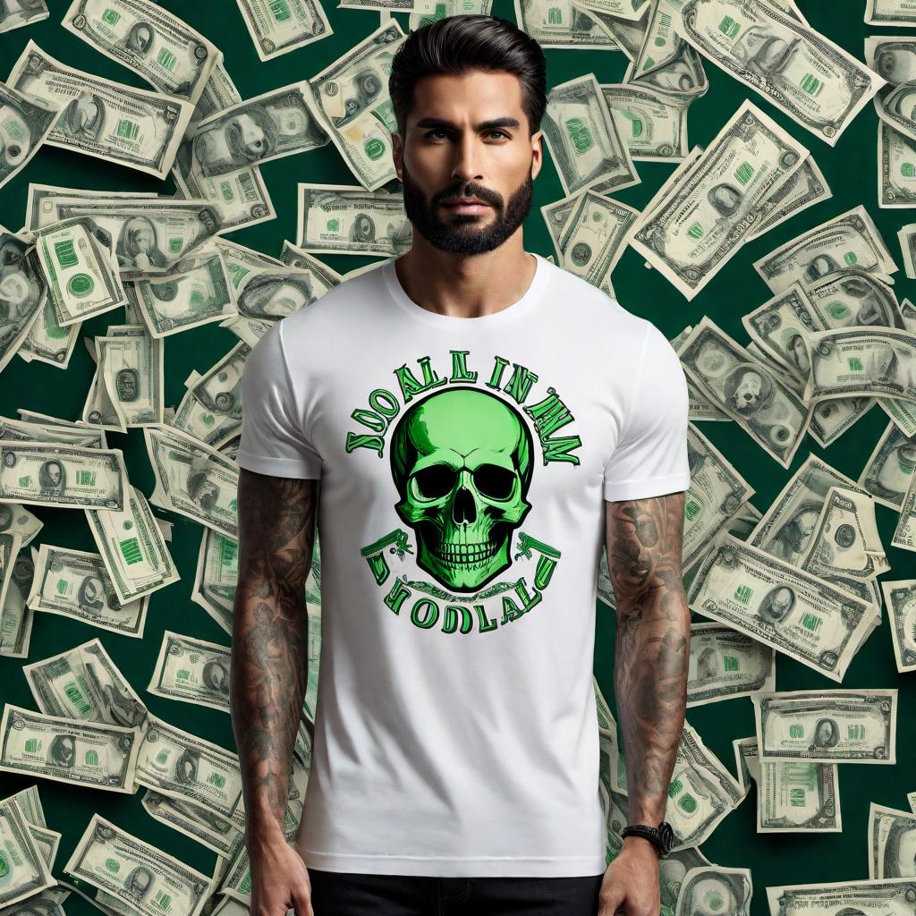  A T-shirt logo design that incorporates a skull and dollar bills. The skull should look fierce and striking, with intricate details. Surround the skull with dollar bills in a creative and dynamic arrangement. Use bold colors like green, black, and white to make the design stand out on a T-shirt. The overall layout should be edgy and modern, suitable for fashion-forward apparel. hyperrealistic, full body, detailed clothing, highly detailed, cinematic lighting, stunningly beautiful, intricate, sharp focus, f/1. 8, 85mm, (centered image composition), (professionally color graded), ((bright soft diffused light)), volumetric fog, trending on instagram, trending on tumblr, HDR 4K, 8K