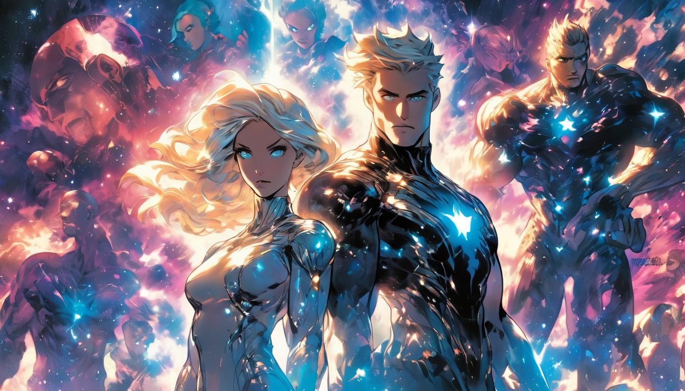  hyperrealism,fantasy aesthetic1man1woman, attractive blonde male humanoid and large busted blonde arian female humanoids, surrounded by stars and galaxies, expansive universe backdrop, glowing aura, high tech clothing clad in sleek, futuristic costume with metallic accents and form fitting designs, marvel superhero comics style, unreal engine rendering