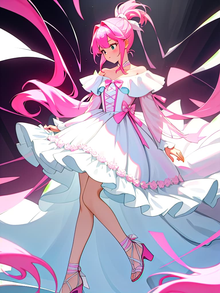  Beautiful , whole body image, woman, pink hair, ponytail, ribbon, wedding dress, A line, off shoulder, heel shoes, white dresses, toes, front, masterpiece, best quality,8k,ultra detailed,high resolution,an extremely delicate and beautiful,hyper detail