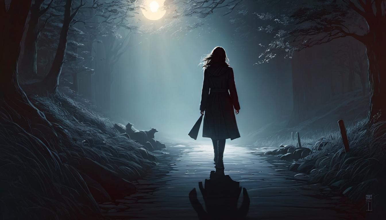  digital illustration, 1woman, walking away from a dark, shadowy figure, light shining ahead, stepping into brightness, sense of liberation, transition, determination, looking at viewer, dynamic pose, (intricate details, masterpiece, best quality)