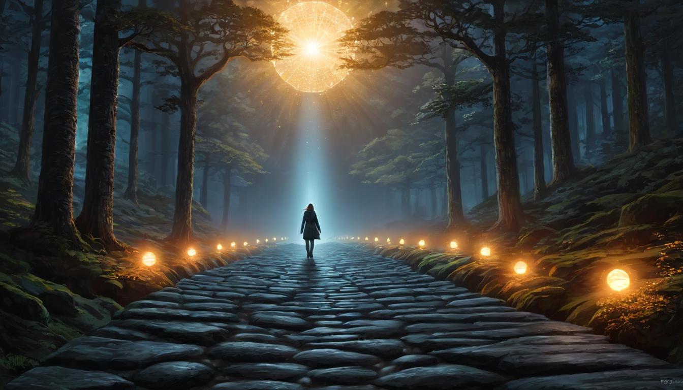  digital illustration, 1woman, walking a path illuminated by glowing stones, path leading upwards, surrounding dark forest, figure becoming more illuminated, enlightenment, journey, ascension, looking at viewer, dynamic pose, (intricate details, masterpiece, best quality)