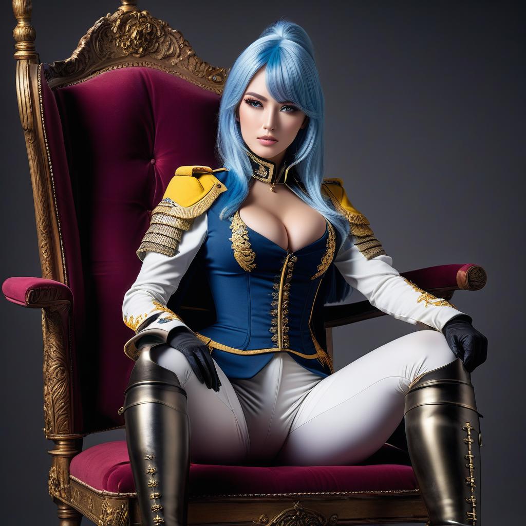  Girl, ((European)), female cuirassier, shot from below, ((full body)), ((foot focus)), feet, crossed legs, blue hair, ((horse tail)), bright yellow eyes, glowing eyes, hourglass figure, fully clothed, military uniform, (19th century ceremonial uniform), (cuirass), white clothes, white cloak, ((white leggings )), riding pants, black boots, over the knee boots, thigh high boots, tight boots, heels, belt, choker, awards, (((sitting in a chair))), looking at viewer, (extremely hyper detailed face), (masterpiece : 1.4), (perfect eyes: 1.1), (perfect hands), 2D, anime, extremely detailed clothes. hyperrealistic, full body, detailed clothing, highly detailed, cinematic lighting, stunningly beautiful, intricate, sharp focus, f/1. 8, 85mm, (centered image composition), (professionally color graded), ((bright soft diffused light)), volumetric fog, trending on instagram, trending on tumblr, HDR 4K, 8K