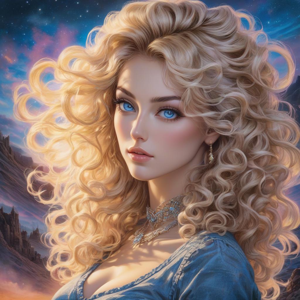  grunge style A digital portrait of a woman with curly blond hair, blue eyes, and a celestial background. Create a vintage Aquarell im Stil von Josephine Wall, Tomasz Allen Kopera, Dariusz Zawadzki, Andreja Peklar, Ivan Shiskine ,a fantasy style portrait of a young woman with long, wavy ash blond hair, featuring subtle brown highlights. Her complexion is fair with a warm undertone. She has large, round, hazel eyes with visible eyelashes and well groomed, arched eyebrows. Her lips are full with a slight peach tint, accompanying a small, straight nose and a softly contoured face with prominent cheekbones, gently flushed cheeks, and a delicate chin. Modifiers: . textured, distressed, vintage, edgy, punk rock vibe, dirty, noisy hyperrealistic, full body, detailed clothing, highly detailed, cinematic lighting, stunningly beautiful, intricate, sharp focus, f/1. 8, 85mm, (centered image composition), (professionally color graded), ((bright soft diffused light)), volumetric fog, trending on instagram, trending on tumblr, HDR 4K, 8K