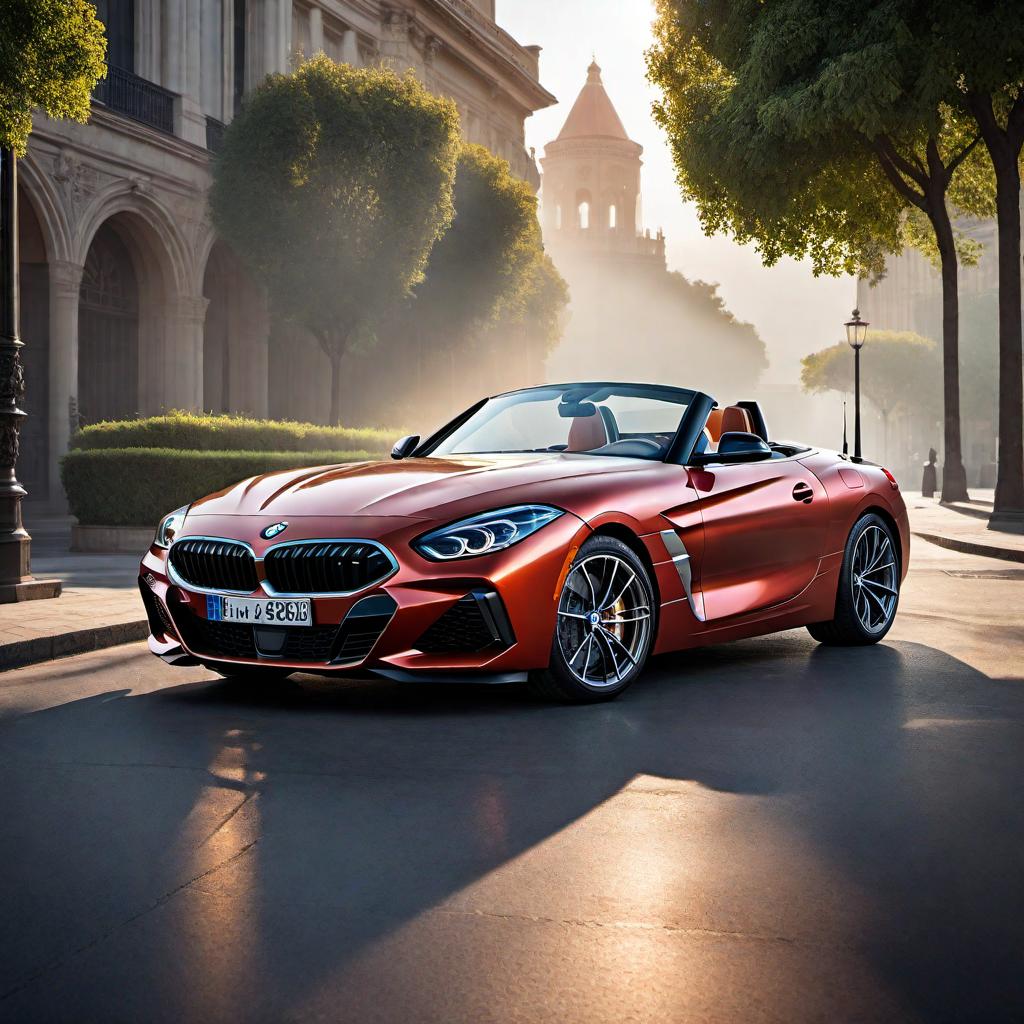  A reimagined BMW Z4 roadster, showcasing a sleek, modern design with futuristic elements. The car should have sharp, aerodynamic lines, advanced LED lighting, and a metallic finish that gleams in the light. The scene should be set against a stunning backdrop, such as a cityscape at night or a scenic coastal road, emphasizing the car's elegance and power. hyperrealistic, full body, detailed clothing, highly detailed, cinematic lighting, stunningly beautiful, intricate, sharp focus, f/1. 8, 85mm, (centered image composition), (professionally color graded), ((bright soft diffused light)), volumetric fog, trending on instagram, trending on tumblr, HDR 4K, 8K