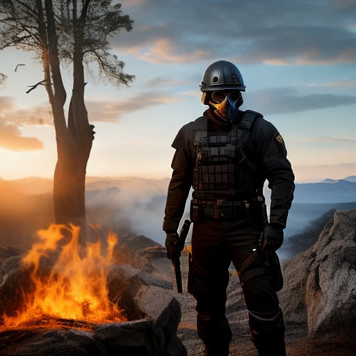  A soldier in black uniform and a skull mask, holding a flame, looks distant. hyperrealistic, full body, detailed clothing, highly detailed, cinematic lighting, stunningly beautiful, intricate, sharp focus, f/1. 8, 85mm, (centered image composition), (professionally color graded), ((bright soft diffused light)), volumetric fog, trending on instagram, trending on tumblr, HDR 4K, 8K