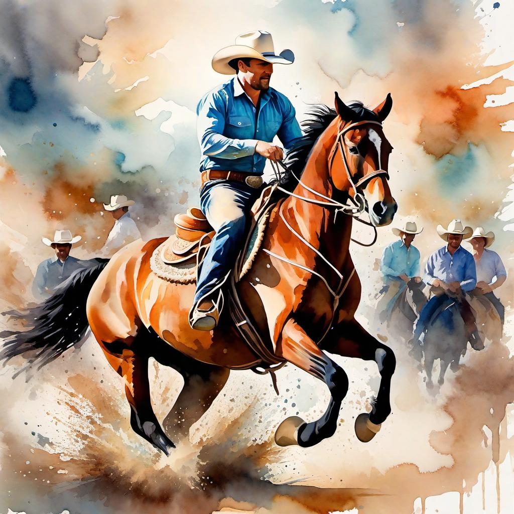  Create a watercolor painting of a man ridding a bucking horse at a rodeo. The background features soft, watercolor style splashes in earthy tones, giving the image an artistic and dreamy feel. Ensure the overall image has a delicate watercolor effect.