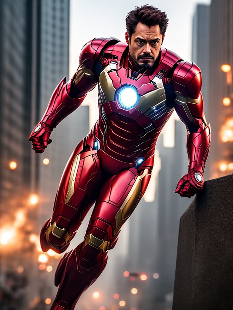  ironman tony stark hyperrealistic, full body, detailed clothing, highly detailed, cinematic lighting, stunningly beautiful, intricate, sharp focus, f/1. 8, 85mm, (centered image composition), (professionally color graded), ((bright soft diffused light)), volumetric fog, trending on instagram, trending on tumblr, HDR 4K, 8K