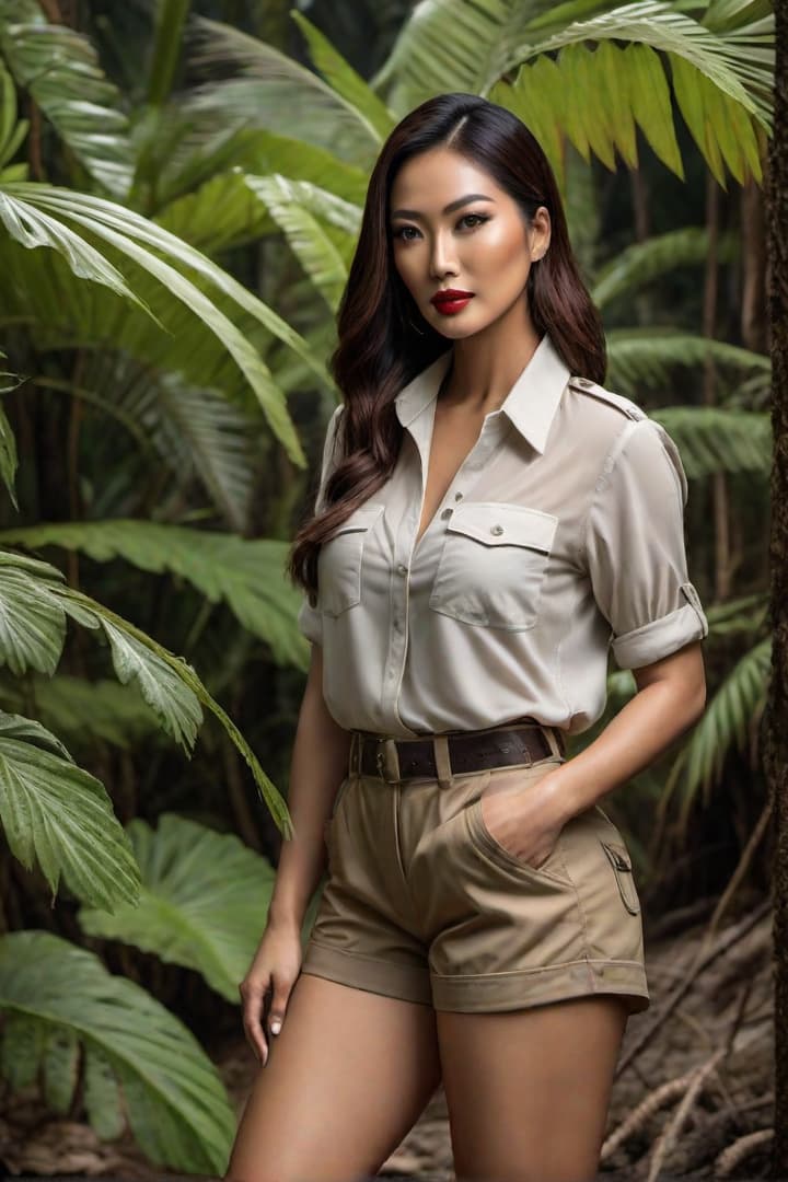  1930’s era young Asian female,auburn haired,jungle explorer ,,wearing her khaki shorts and shirt with khaki knee socks ,standing in deep mud hyperrealistic, full body, detailed clothing, highly detailed, cinematic lighting, stunningly beautiful, intricate, sharp focus, f/1. 8, 85mm, (centered image composition), (professionally color graded), ((bright soft diffused light)), volumetric fog, trending on instagram, trending on tumblr, HDR 4K, 8K