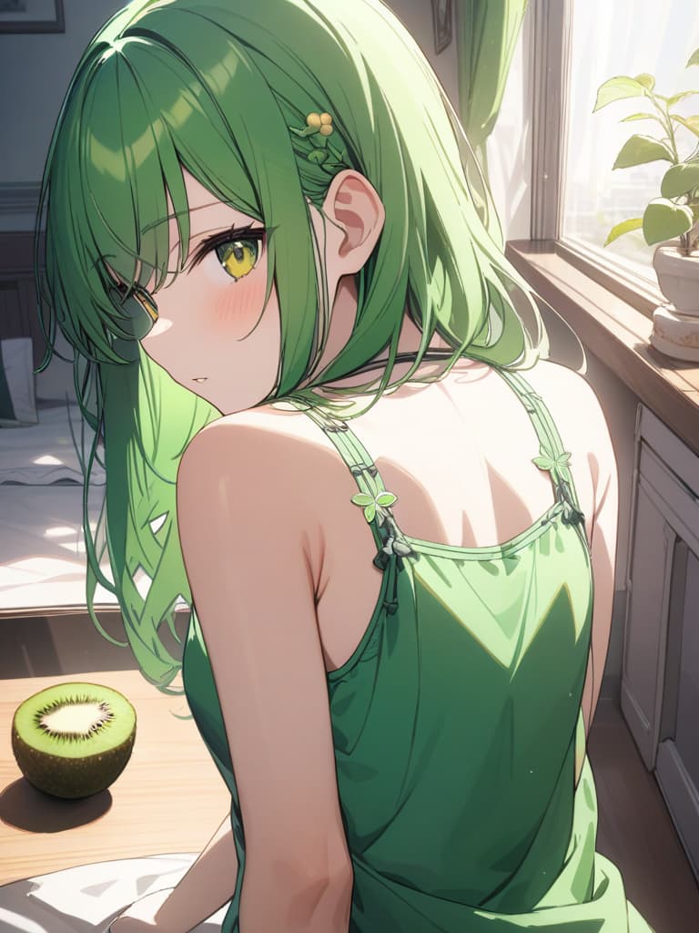  Cute, , yellow green eyes, yellow green hair color, kiwi decoration, kiwi fruit, vine, green , room, green, green, camisole, masterpiece, best quality,8k,ultra detailed,high resolution,an extremely delicate and beautiful,hyper detail