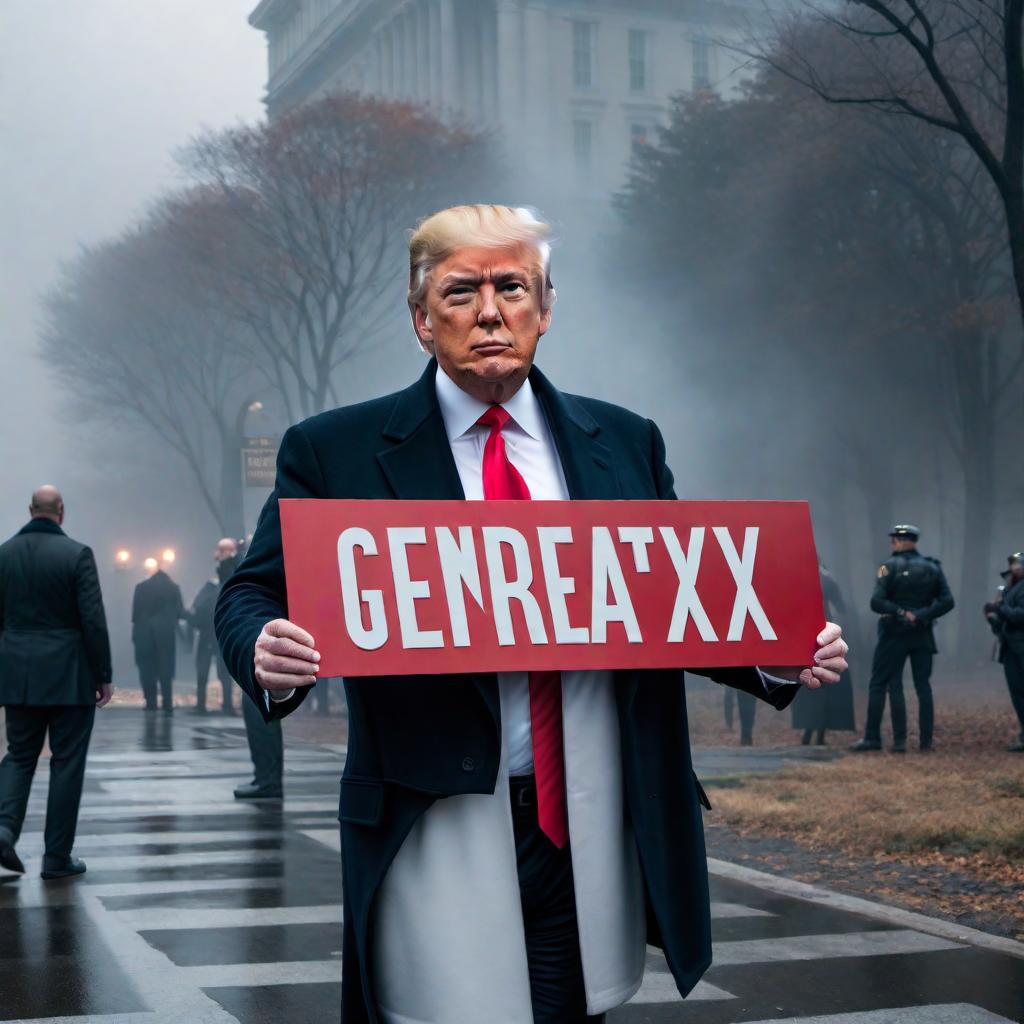  Donald Trump holding a sign that reads 'Generation X' hyperrealistic, full body, detailed clothing, highly detailed, cinematic lighting, stunningly beautiful, intricate, sharp focus, f/1. 8, 85mm, (centered image composition), (professionally color graded), ((bright soft diffused light)), volumetric fog, trending on instagram, trending on tumblr, HDR 4K, 8K