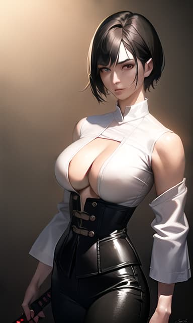  Black Hair, Very Short Hair, Woman, Older, White Dress Shirt, Red Corset, Black Leather Pants, Long JAPANESE SWORD, Muscurate ES, Accurate Hands, Japanese Red Armor on Shoulders and Arms, high quality, carefully Draw, one eye hidden with bangs, COWBOY SHOT, (Masterpiece, BestQuality:1.3), (ultra detailed:1.2), (hyperrealistic:1.3), (RAW photo:1.2),High detail RAW color photo, professional photograph, (Photorealistic:1.4), (realistic:1.4), ,professional lighting, (japanese), beautiful face, (realistic face)