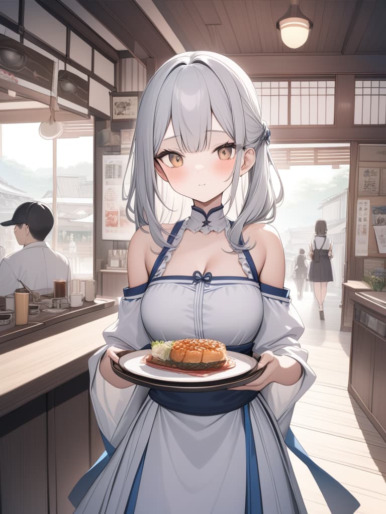  Japan Painting Style, Frill Appron, Bare Shoulder, Carry A Tray, Japanese Cafe, Best Quality: 1.4, Ultra Detailed Texture ToreAlistic, Absurd Resolution, 8k Illustration, 💩, 💩, 💩, 💩, 💩,, masterpiece, best quality,8k,ultra detailed,high resolution,an extremely delicate and beautiful,hyper detail