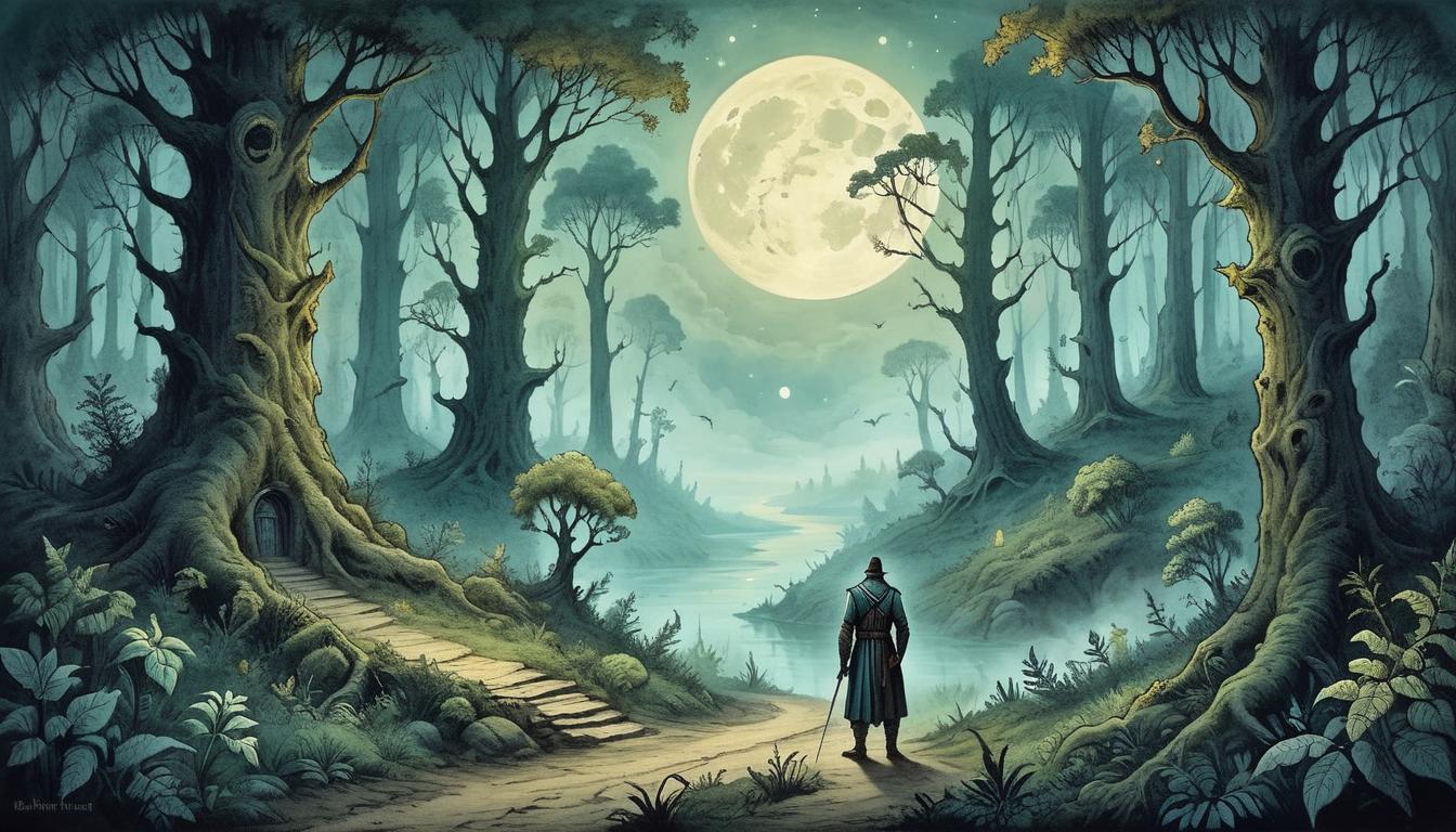  on parchment, surrealism+++, A lone wanderer standing at the edge of an ancient forest, path of growth, mystical vegetation, spellbound atmosphere, moonlight filtering through dense canopy(mysterious, provocative, symbolic,muted color)+++