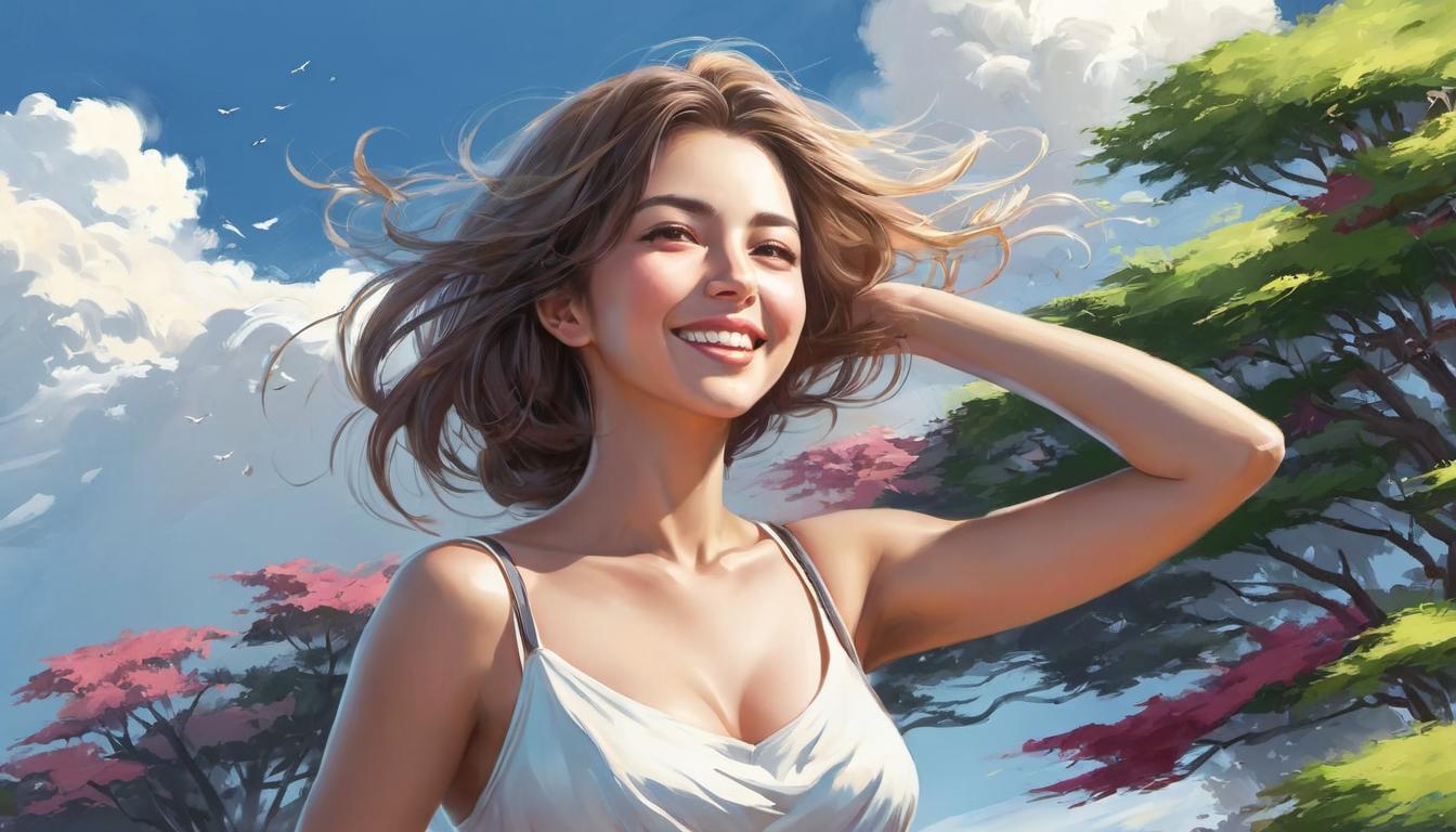  digital illustration, 1woman, front view, tossing a heavy load off her shoulders, joyful expression, sky bright and clear, surrounding area is a breezy, open field, lightness, freedom, relief, looking at viewer, dynamic pose, (intricate details, masterpiece, best quality)