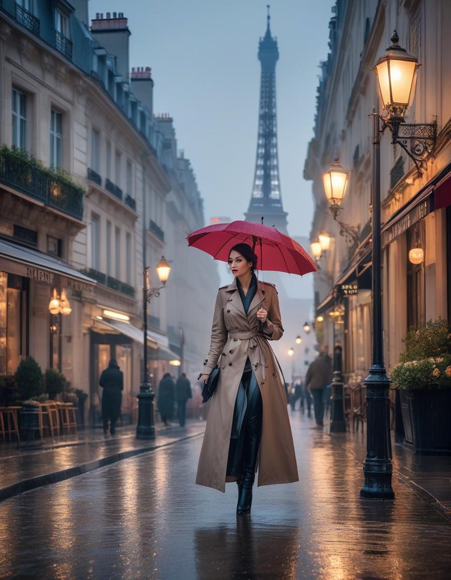  Paris, early in the morning, rainy day, hyperrealistic, full body, detailed clothing, highly detailed, cinematic lighting, stunningly beautiful, intricate, sharp focus, f/1. 8, 85mm, (centered image composition), (professionally color graded), ((bright soft diffused light)), volumetric fog, trending on instagram, trending on tumblr, HDR 4K, 8K