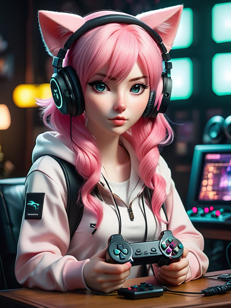  score 9,score 8 up, score 7 up, photograph of a cute gamer girl, pale skin, pink hair, medium hair, freckles, headphones, cat ears, holding game controller <lora:PsyCartoonPony:1> hyperrealistic, full body, detailed clothing, highly detailed, cinematic lighting, stunningly beautiful, intricate, sharp focus, f/1. 8, 85mm, (centered image composition), (professionally color graded), ((bright soft diffused light)), volumetric fog, trending on instagram, trending on tumblr, HDR 4K, 8K