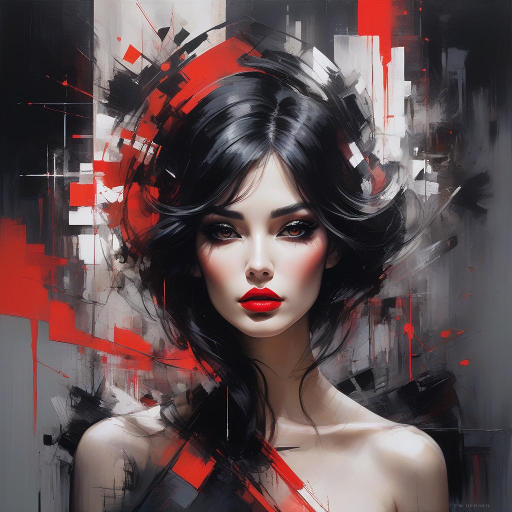  Style by Russ Mills and Piet Mondrian. A captivating abstract portrait of a woman with bold features, including striking red lips, dark and captivating eyes, with a smoky eye effect that enhances her intense gaze, and flowing black hair, against an abstract background of geometric shapes in vibrant colours, evoking a modern and fragmented, pixelated canvas. Face is abstract geometric shapes, matte finish, minimalistic surrealism. Centered, symmetry, painted, intricate, volumetric lighting, beautiful, rich deep colours masterpiece, sharp focus, ultra detailed. Blend realism and abstraction, incorporating elements of movement and depth, creating a harmonious fusion that captures contemporary beauty against a bold abstract backdrop. Allow line hyperrealistic, full body, detailed clothing, highly detailed, cinematic lighting, stunningly beautiful, intricate, sharp focus, f/1. 8, 85mm, (centered image composition), (professionally color graded), ((bright soft diffused light)), volumetric fog, trending on instagram, trending on tumblr, HDR 4K, 8K