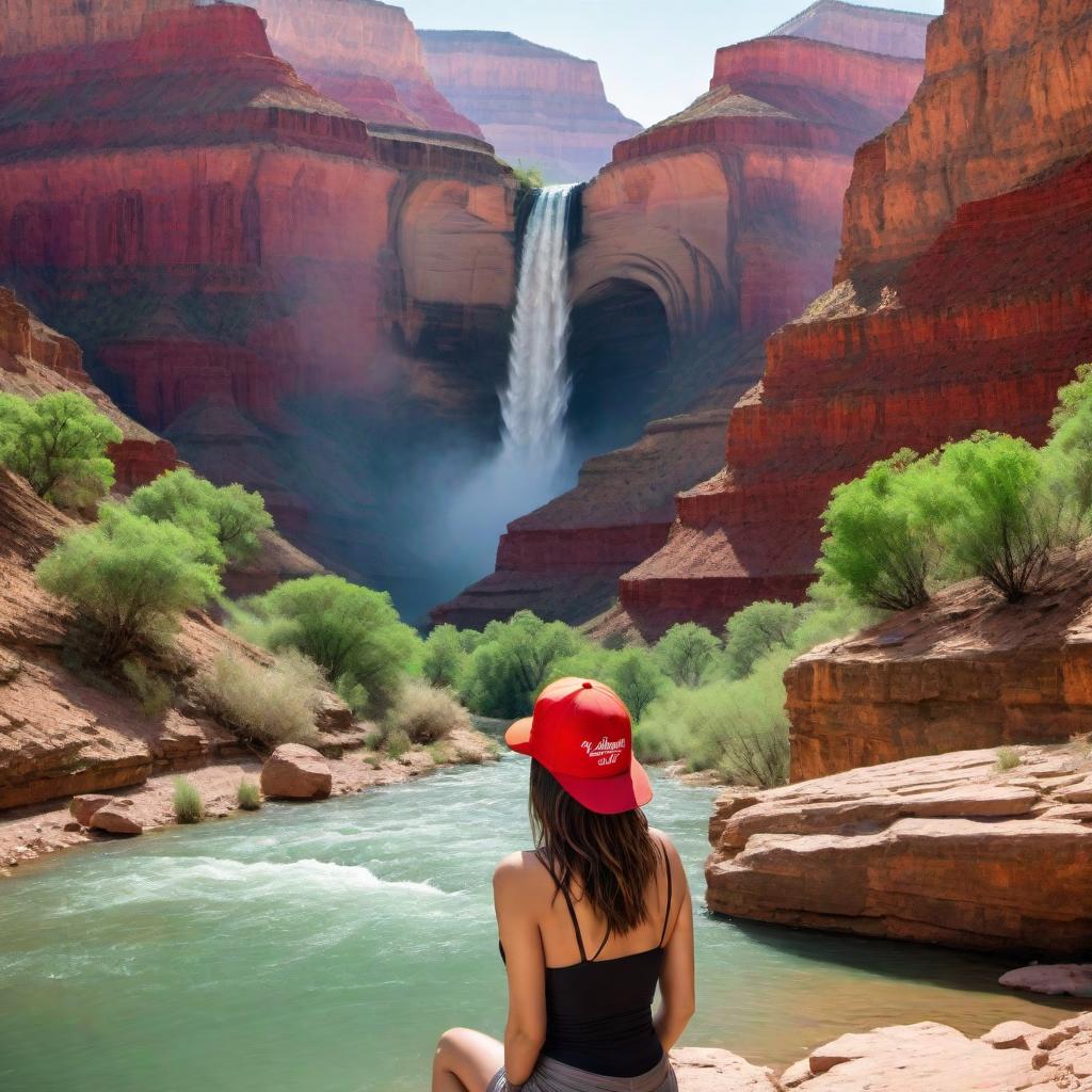  A woman with short hair up to her ears wearing a baseball cap, sitting in the water and watching a beautiful waterfall at the bottom of the Grand Canyon. The woman is casually dressed in water-friendly clothing, with her feet submerged in the water. The waterfall is cascading down the cliffs, and the Grand Canyon's iconic red and orange layered rock formations are visible, with lush greenery near the waterfall. The scene is breathtaking and serene. hyperrealistic, full body, detailed clothing, highly detailed, cinematic lighting, stunningly beautiful, intricate, sharp focus, f/1. 8, 85mm, (centered image composition), (professionally color graded), ((bright soft diffused light)), volumetric fog, trending on instagram, trending on tumblr, HDR 4K, 8K