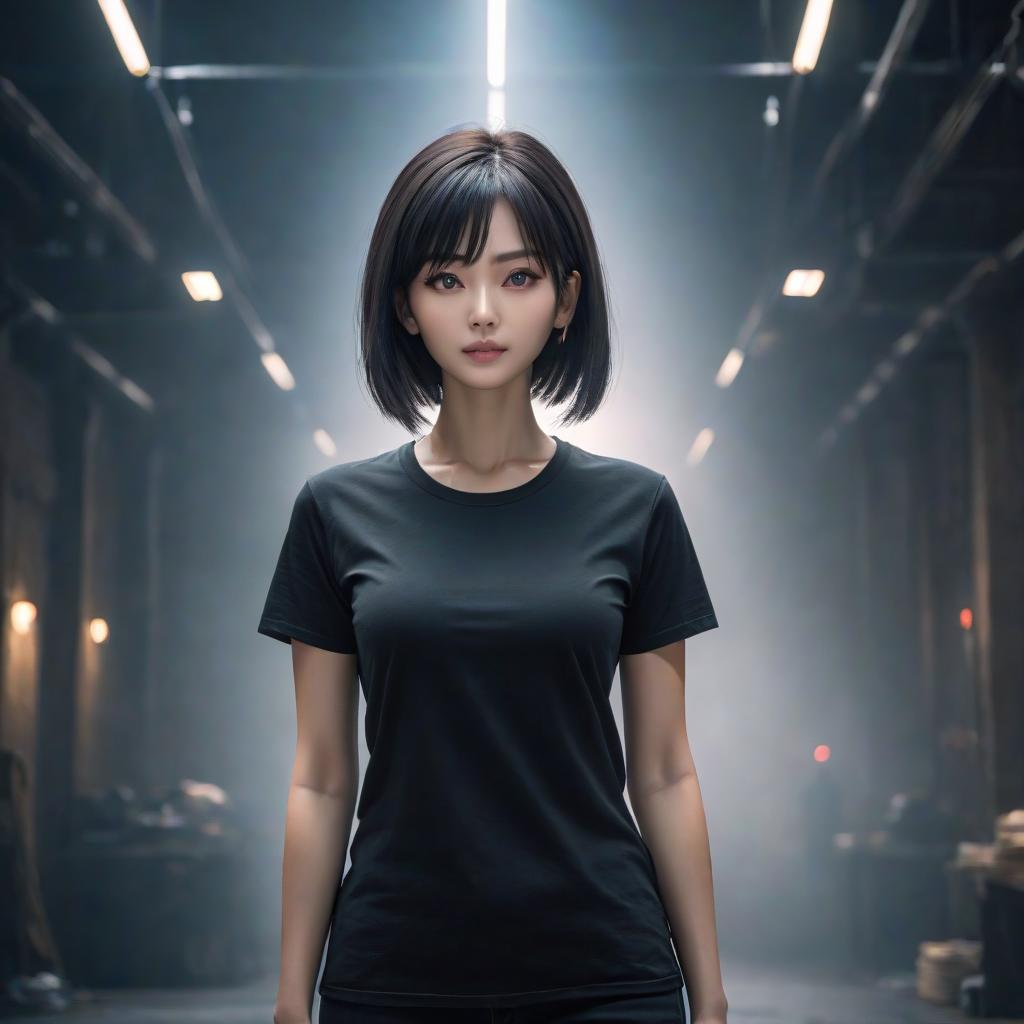  A woman stands tall in a black T shirt hyperrealistic, full body, detailed clothing, highly detailed, cinematic lighting, stunningly beautiful, intricate, sharp focus, f/1. 8, 85mm, (centered image composition), (professionally color graded), ((bright soft diffused light)), volumetric fog, trending on instagram, trending on tumblr, HDR 4K, 8K