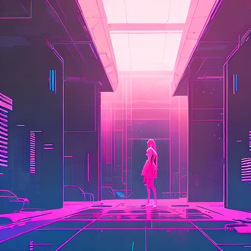 nvinkpunk The image shows a woman standing in a futuristic or modern corridor with architectural details that suggest a sleek, high-tech environment. fully body