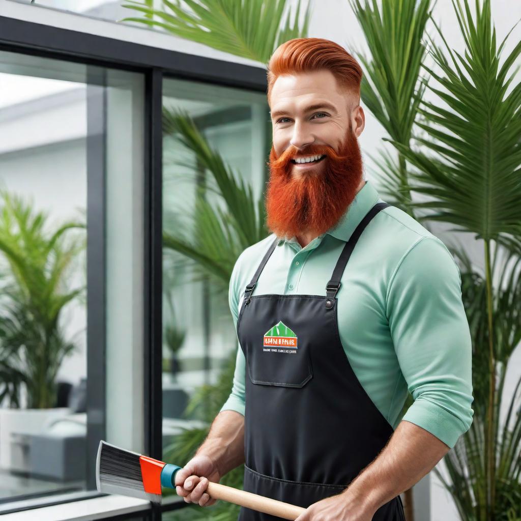  A business logo featuring a cartoon character with a red beard holding a squeegee over his shoulder. The character is cheerful and friendly. The logo should incorporate the colors lime green, green, blue, and black. The business name 'Clear View Window Cleaners' should be prominently displayed. In the background, include a window and a palm tree, creating a clean and fresh look. The overall design should be modern and professional, suitable for a window cleaning business. hyperrealistic, full body, detailed clothing, highly detailed, cinematic lighting, stunningly beautiful, intricate, sharp focus, f/1. 8, 85mm, (centered image composition), (professionally color graded), ((bright soft diffused light)), volumetric fog, trending on instagram, trending on tumblr, HDR 4K, 8K