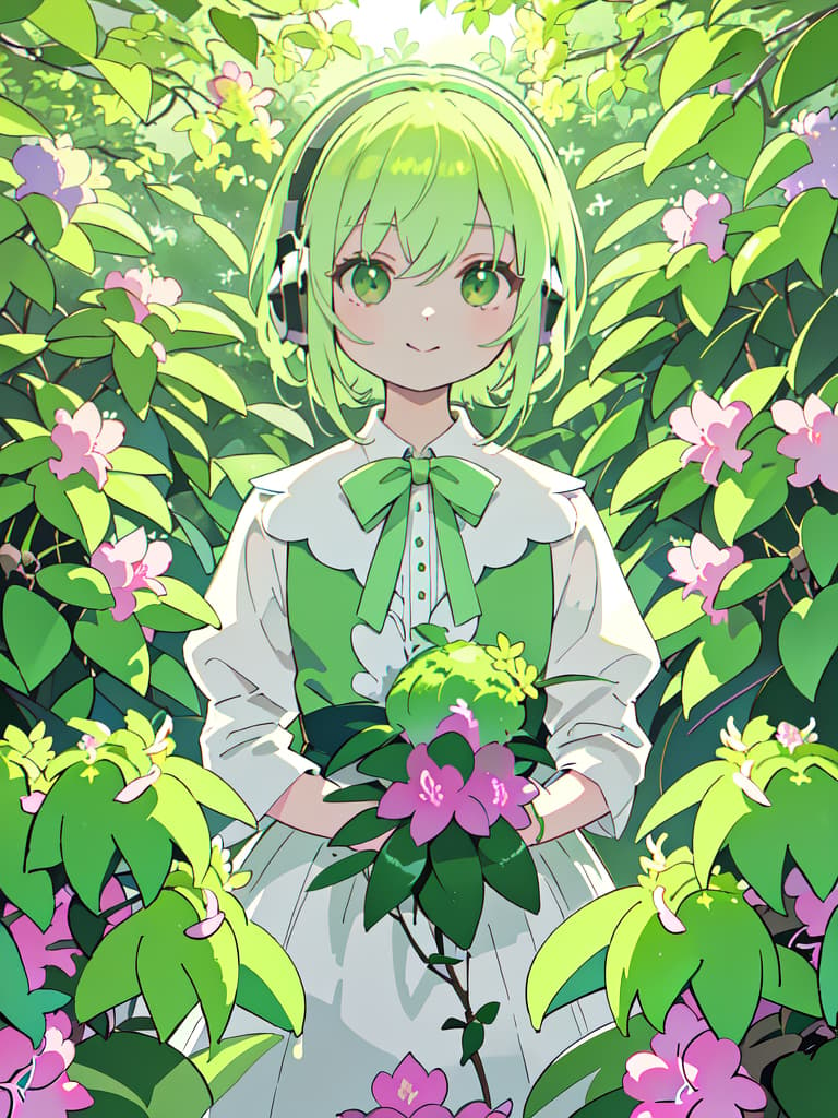  masterpiece,one woman,pretty,delicate green hair color,glossy hair color,short hair,headphones,green eye color,smile,{{{satsuki azalea(Rhododendron indicum)}}},natural light,warm sunlight,high resolution,high quality,8K, masterpiece, best quality,8k,ultra detailed,high resolution,an extremely delicate and beautiful,hyper detail