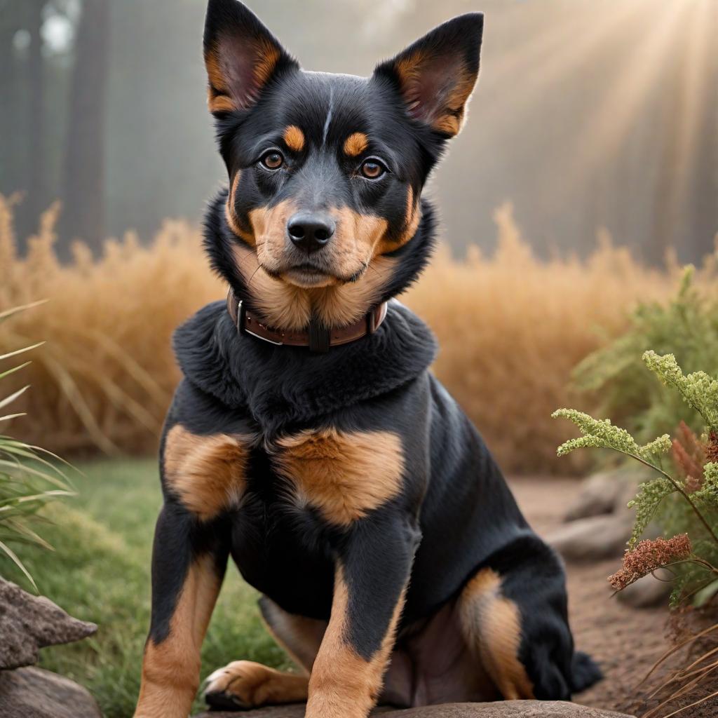  A Poodle mixed with Queensland Heeler (Australian Cattle Dog), blending characteristics of both breeds. The dog has a black and brown coat and is depicted in a friendly and playful pose, set in an outdoor environment. hyperrealistic, full body, detailed clothing, highly detailed, cinematic lighting, stunningly beautiful, intricate, sharp focus, f/1. 8, 85mm, (centered image composition), (professionally color graded), ((bright soft diffused light)), volumetric fog, trending on instagram, trending on tumblr, HDR 4K, 8K