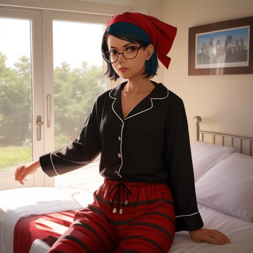  Shaved head, black mask, boyish, wearing pirate bandana, summer, getting out of bed, small glasses, woman, wearing pajamas, pop.