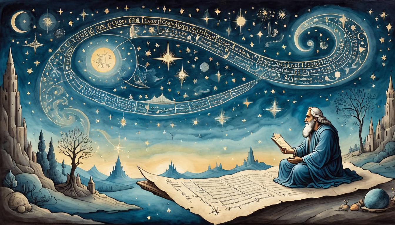  on parchment, surrealism+++, A celestial being with soft, glowing light handing down a scroll to a meditating figure, night sky full of constellations, exchange, divine guidance(mysterious, provocative, symbolic,muted color)+++