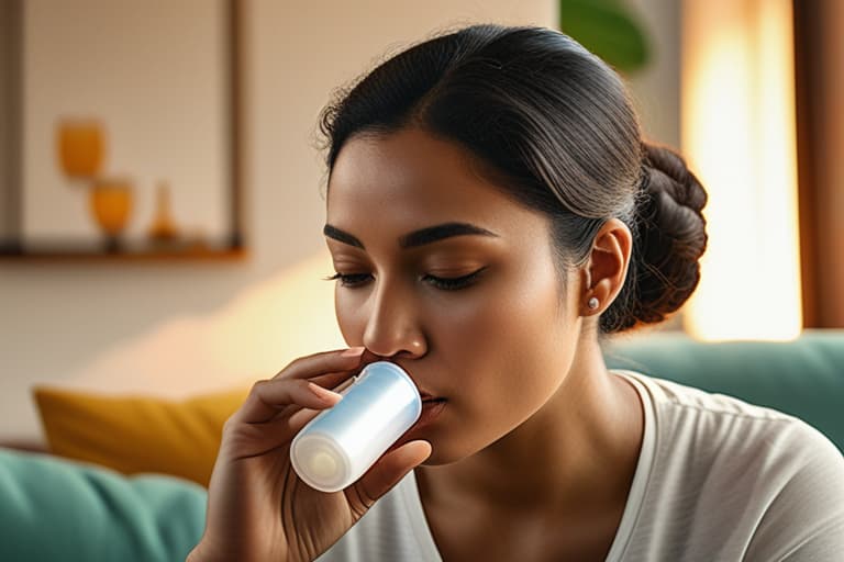  "Realistic close up of a young woman (female) in her late 20s, sitting on a cozy living room couch, holding an inhaler to her mouth. Her expression shows mild discomfort, indicating an asthma cough. The background is a softly lit, tidy living room with a few plants and a window letting in natural light, creating a calm atmosphere. The focus is on the woman and the inhaler, with a shallow depth of field to blur the background slightly. The image is detailed, capturing the texture of the inhaler and the woman's facial features clearly, conveying a realistic and relatable scene."Ensure no face,leg,hand or eye defomities.Ensure all images are clear, detailed, contains no text and no deformities. realistic, highly detailed, photorealistic, cinem hyperrealistic, full body, detailed clothing, highly detailed, cinematic lighting, stunningly beautiful, intricate, sharp focus, f/1. 8, 85mm, (centered image composition), (professionally color graded), ((bright soft diffused light)), volumetric fog, trending on instagram, trending on tumblr, HDR 4K, 8K