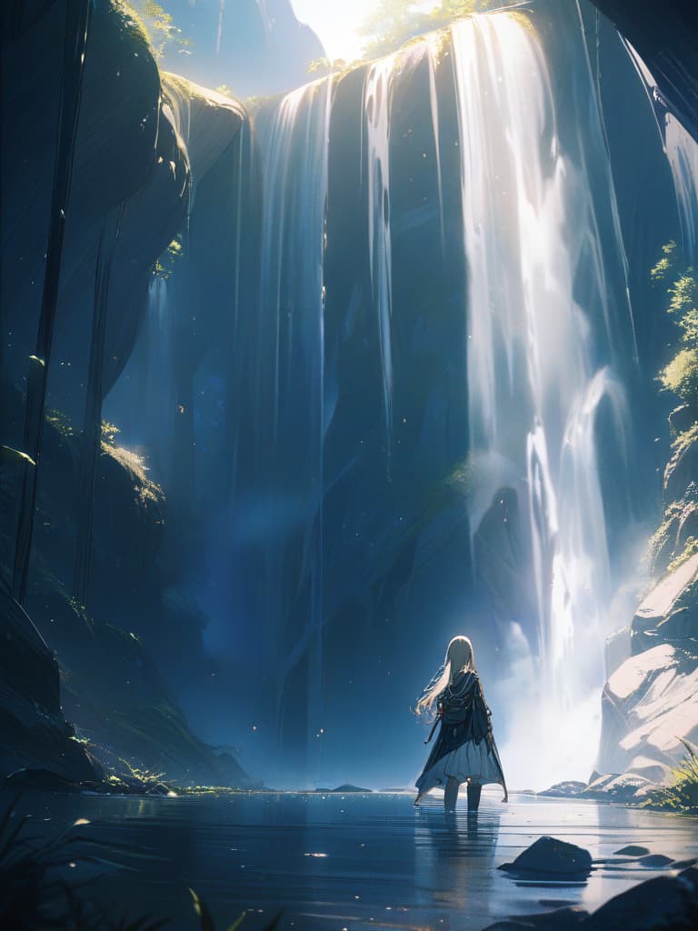  Green hair character reflected in the waterfall, masterpiece, best quality,8k,ultra detailed,high resolution,an extremely delicate and beautiful,hyper detail