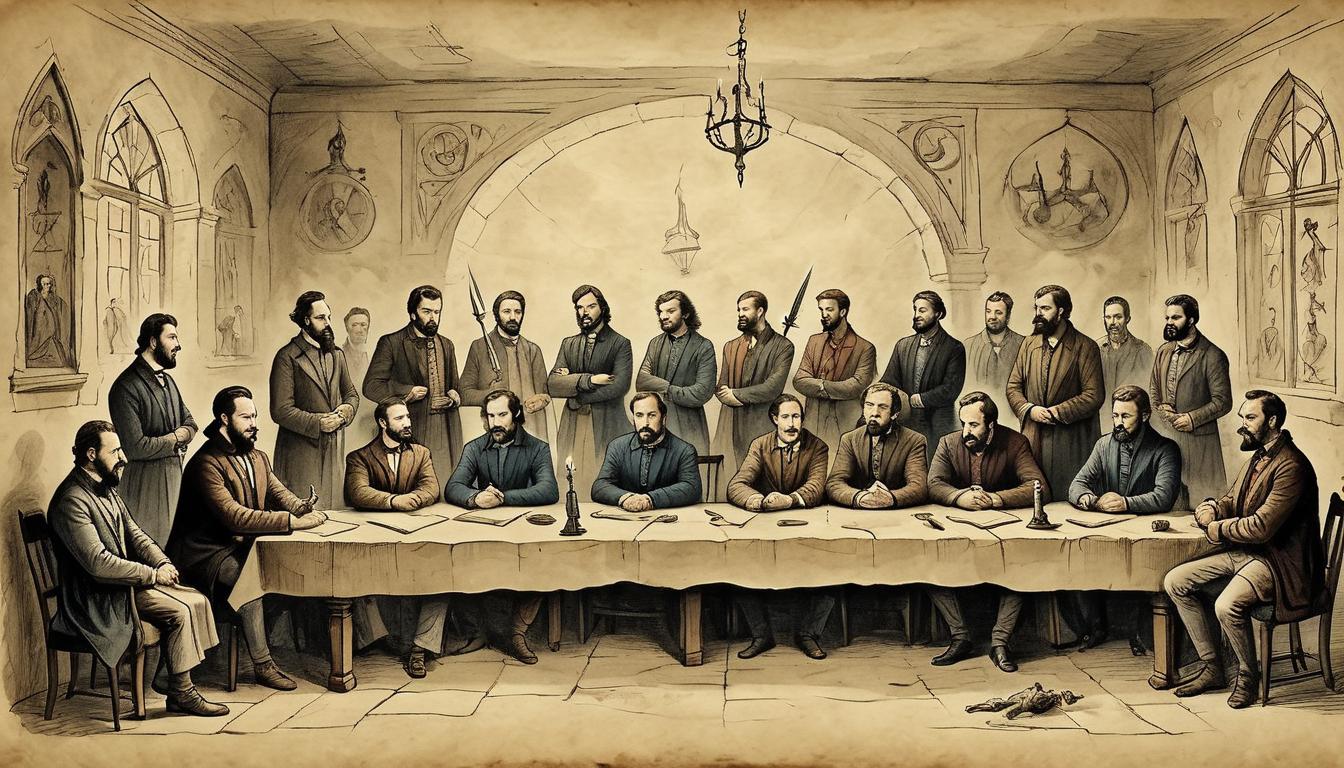  on parchment, surrealism+++, A group of people in a room, strained expressions, hidden daggers behind backs, treachery among friends, deceitful relationships, tense and suspicious atmosphere(mysterious, provocative, symbolic,muted color)+++