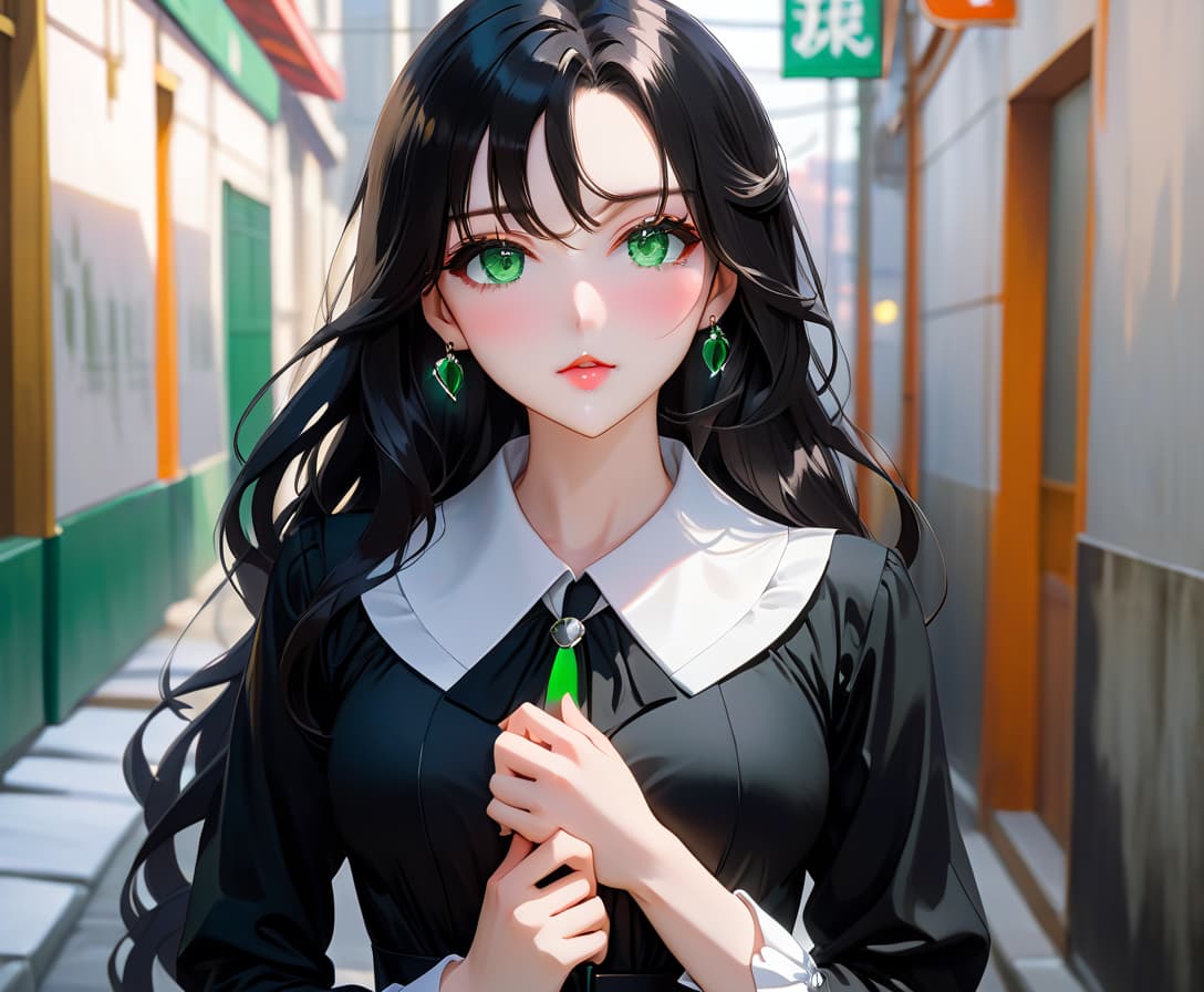  anime artwork beautiful , , green eyes, long black wavy hair, slender figure, small neat s, dressed in a black dress with a white collar and white cuffs, full length, against the backdrop of a modern city. (photorealism, oil painting: 1.3), (full length shot: 1.3), mesmerizing , long flowing black hair, (large sensual mouth: 1.2), plump lips, sparkling emerald eyes, narrow waist, (sensual figure: 1,2), silvery glow, ethereal aura, detailed brushwork, intricate shadows and highlights, mysterious and captivating expression, unique color palette, masterful use of light and shadow, captivating atmosphere, raw emotion, intense gaze, dynamic composition . . anime style, key visual, vint, studio anime, highly d hyperrealistic, full body, detailed clothing, highly detailed, cinematic lighting, stunningly beautiful, intricate, sharp focus, f/1. 8, 85mm, (centered image composition), (professionally color graded), ((bright soft diffused light)), volumetric fog, trending on instagram, trending on tumblr, HDR 4K, 8K